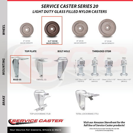 Service Caster 3.5 Inch High Temp Glass Filled Nylon Top Plate Caster Lock Brakes 2 Rigid, 2PK SCC-TTL20S3514-GFNSHT-2-R-2